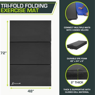 tri-fold exercise mat, 6 ft x 4 ft, black